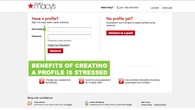 Macy's screenshot showing benefits of creating a profile - design tricks