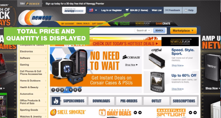 Newegg screenshot displaying products' total price and quantity - design tricks