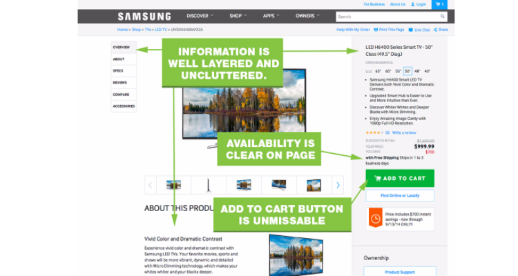 Samsung screenshot of well-structure product page - design tricks