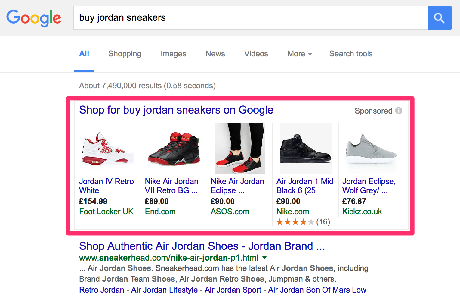 How Google Shopping images show up in search results for sneakers