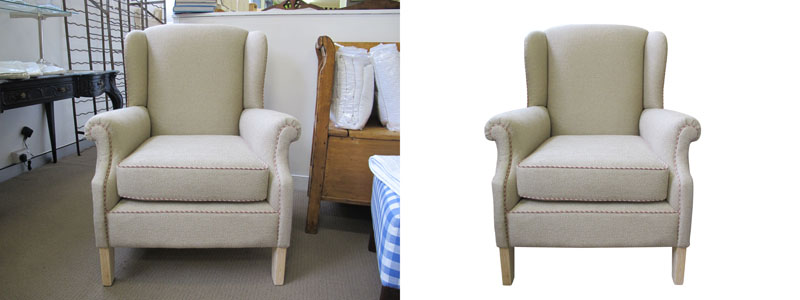 Before and after image of a tan wing chair with background removed using Pixc app