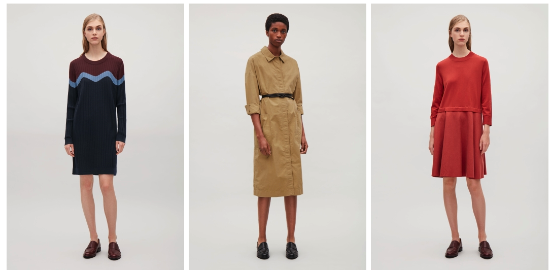 3 models in Cos dresses showing a quirky, utilitarian art direction for their eCommerce fashion photography