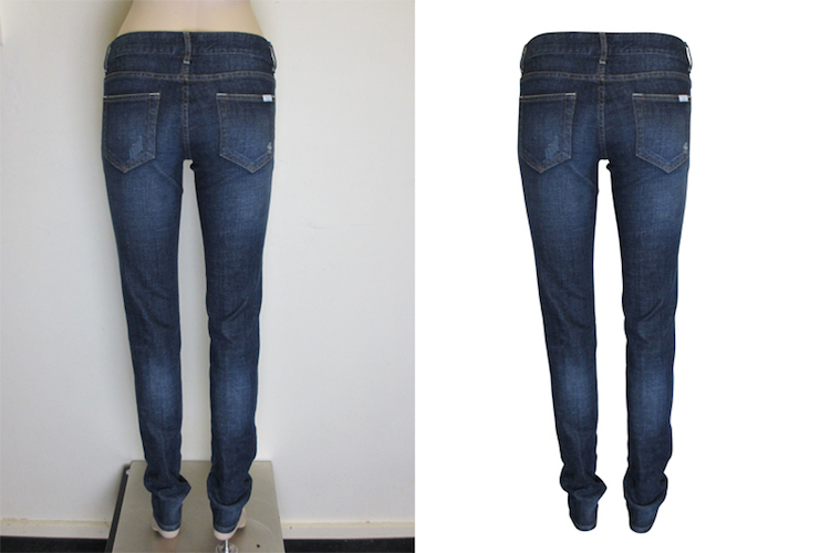 before and after shot of taking product photos of a pair of women's blue jeans with the background removed
