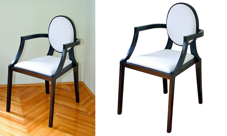 before and after shot of taking product photos of a brown and white armchair with the background removed