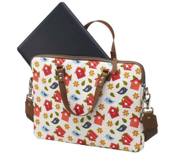 Laptop inside floral bag shoes its intended use, a crucial part of handbag product photography