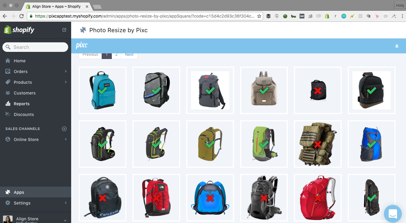 Photo Resize by Pixc app dashboard showing image selection of an array of backpacks