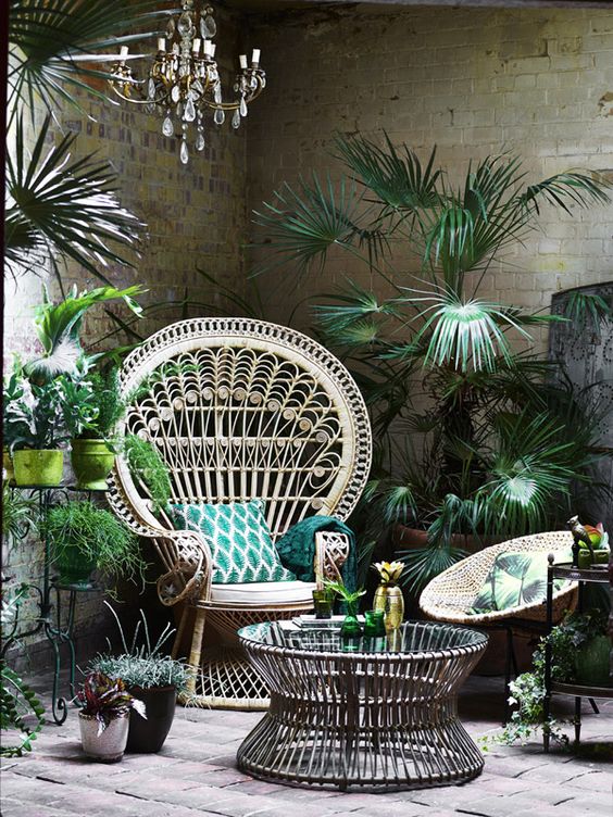Unique white wicker chair shown with green plans surround it in a delicate balance of photography
