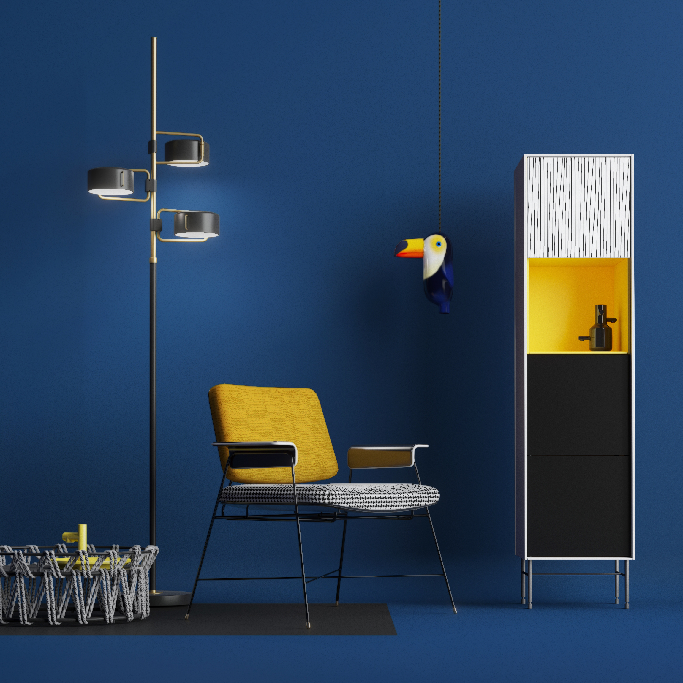 Striking blue, yellow and black color palette makes furniture photography stand out