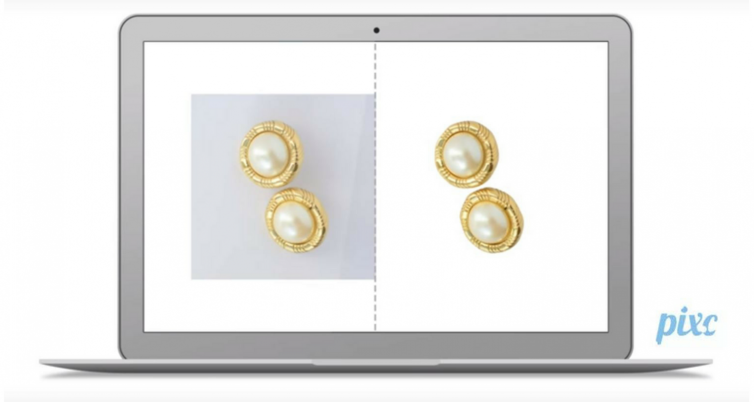 Before and after image of earrings with background removed from Pixc's Retail Ready Photos app