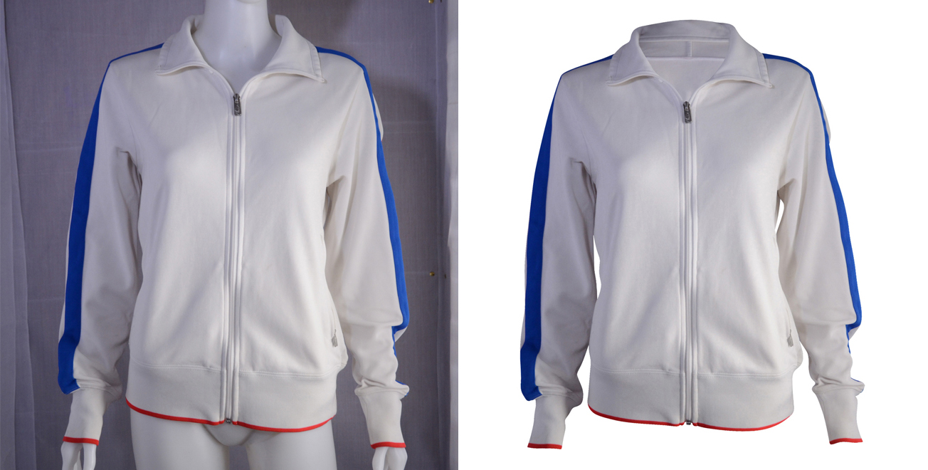 Before and after image of white activewear tracksuit with background removed using Retail Ready Photos app by Pixc