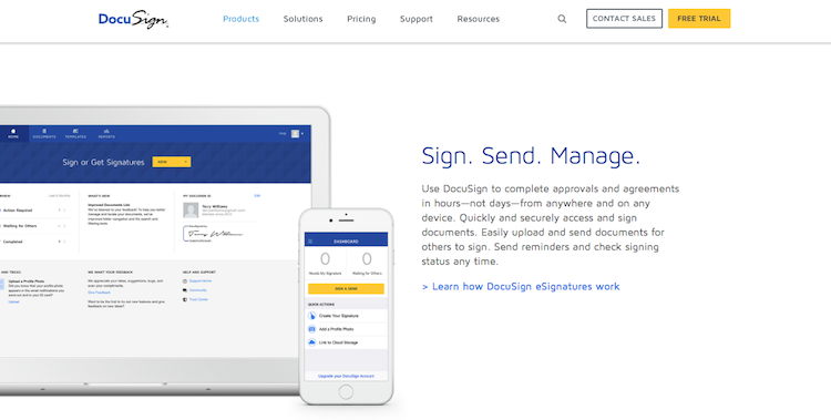 Screenshot of Docusign, an SaaS program that manages secure signature transactions