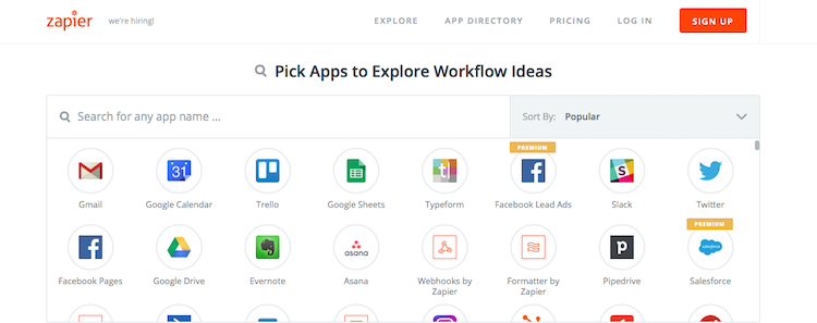 Screenshot of the platforms and apps Zapier integrates together
