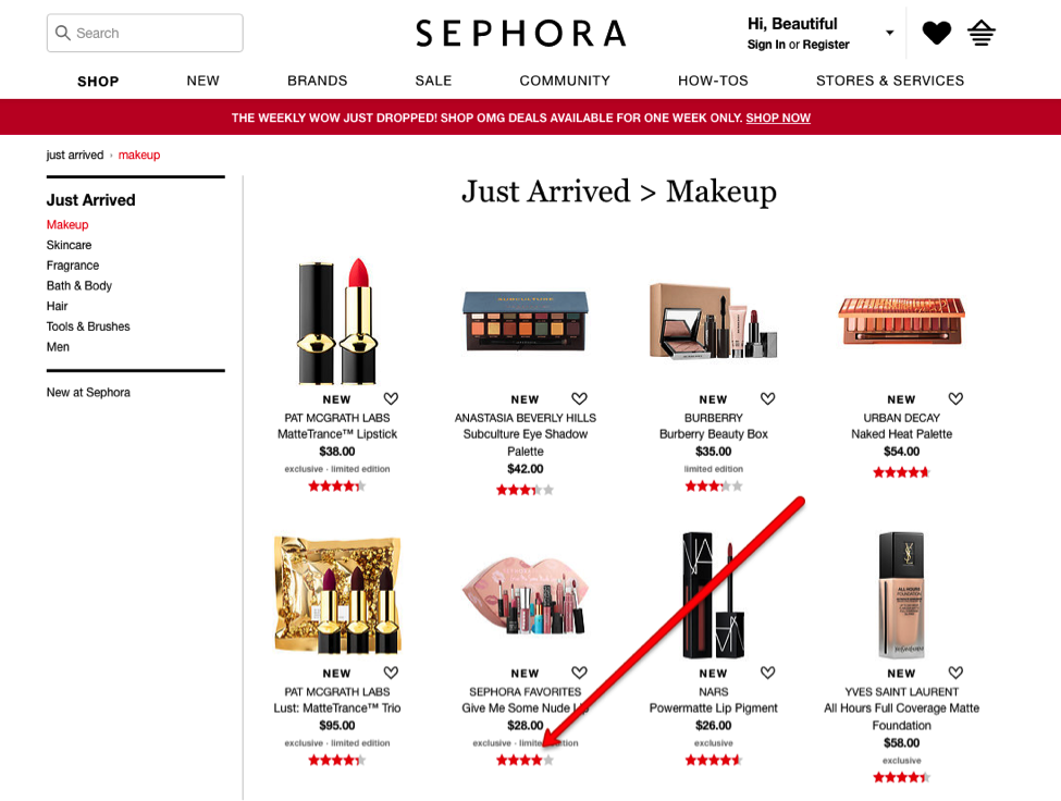 Sephora also showing reviews on the thumbnails of their products