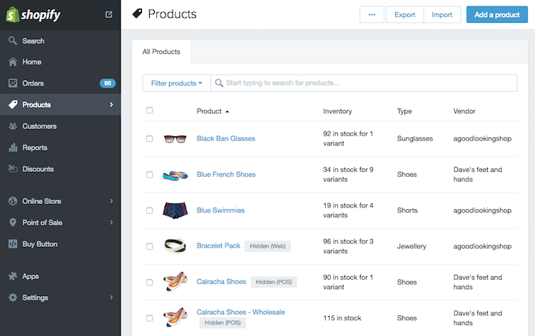 List of products in a shopify store as they appear on the store owner's dashboard