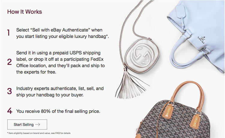 Image of purse and instructions for eBay's authentication services
