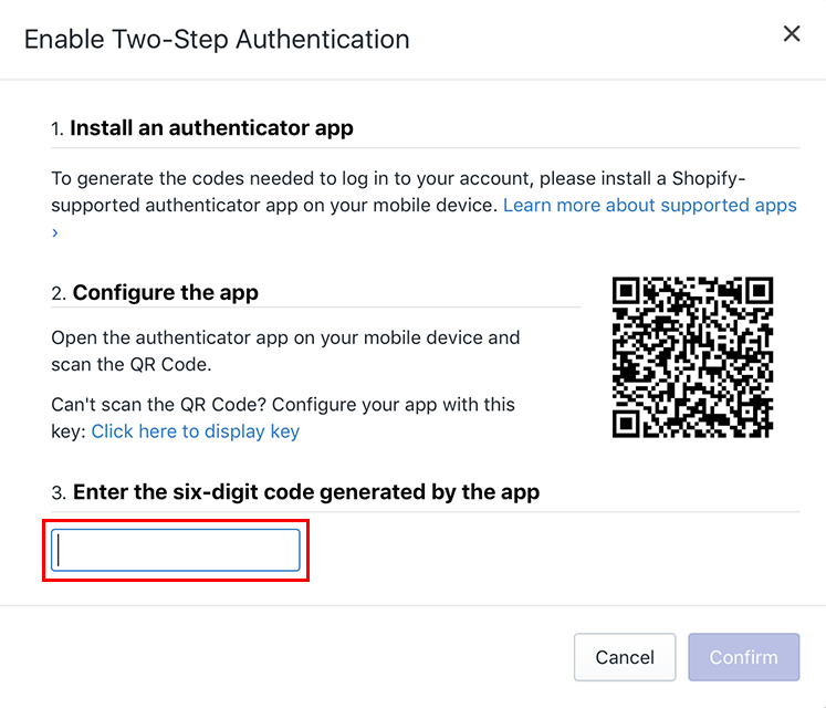 The final step of establishing two-step authentication for Shopify Account Security, entering the six digit code