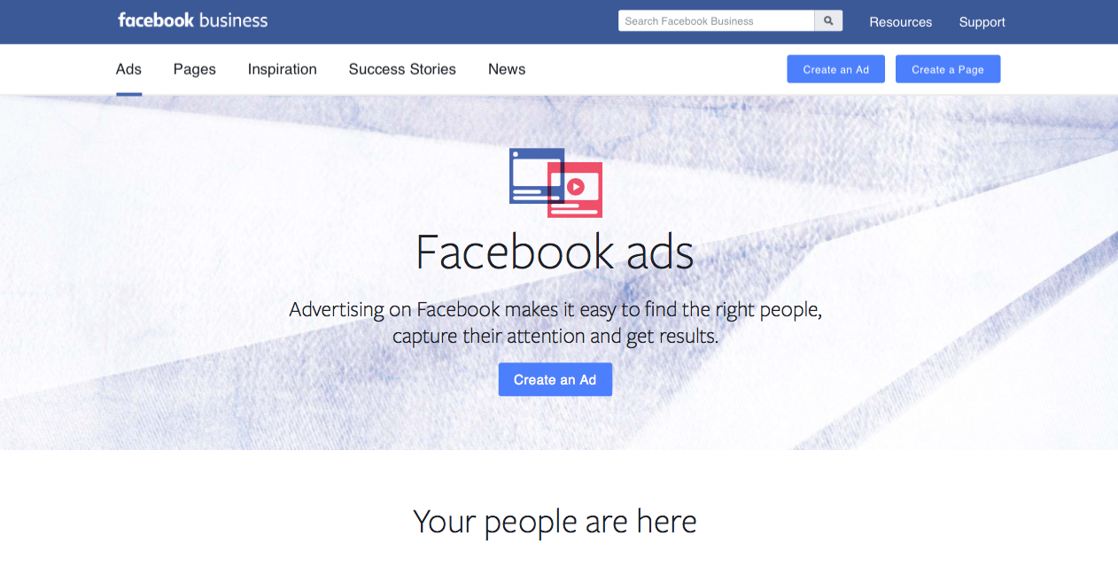 Screenshot of homepage for designing Facebook ads