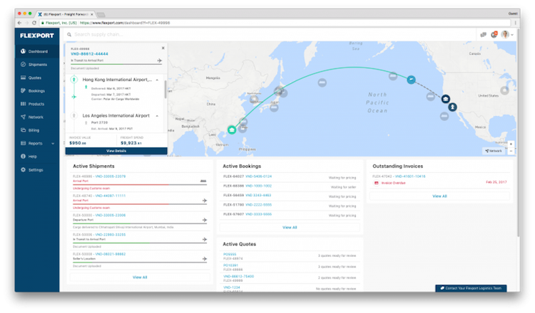 Screenshot of Flexport's global shipping map