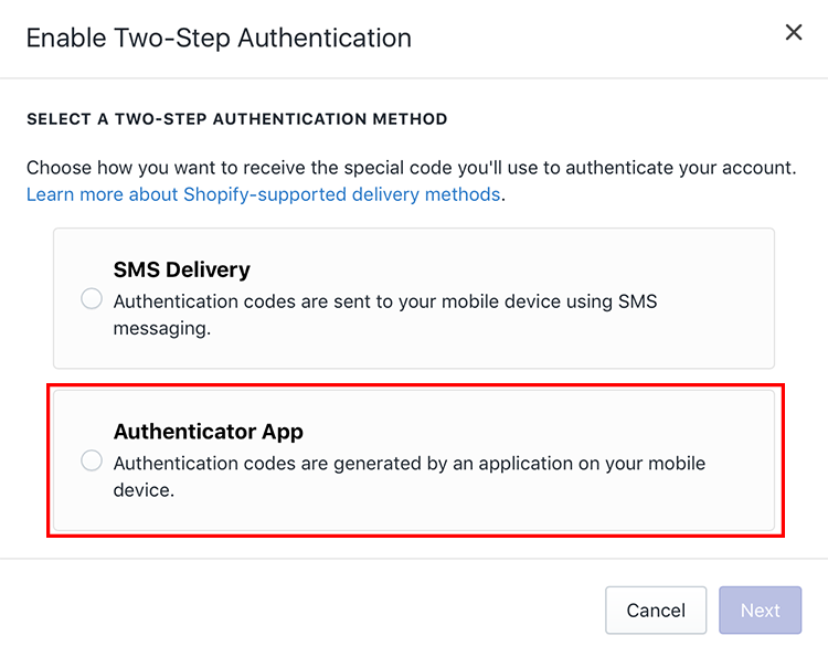 Enabling two-step notification for Shopify Account Security by selecting authenticator app