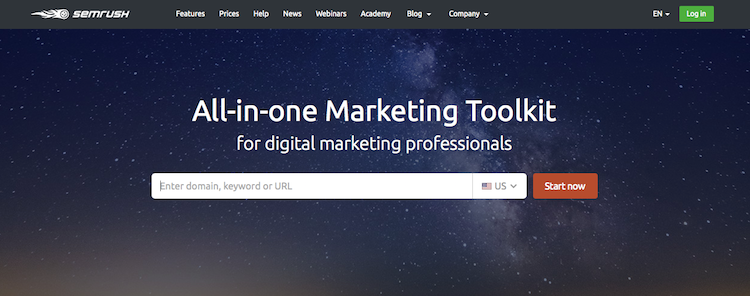 Homepage for SEMrush's all-in-one marketing toolkit