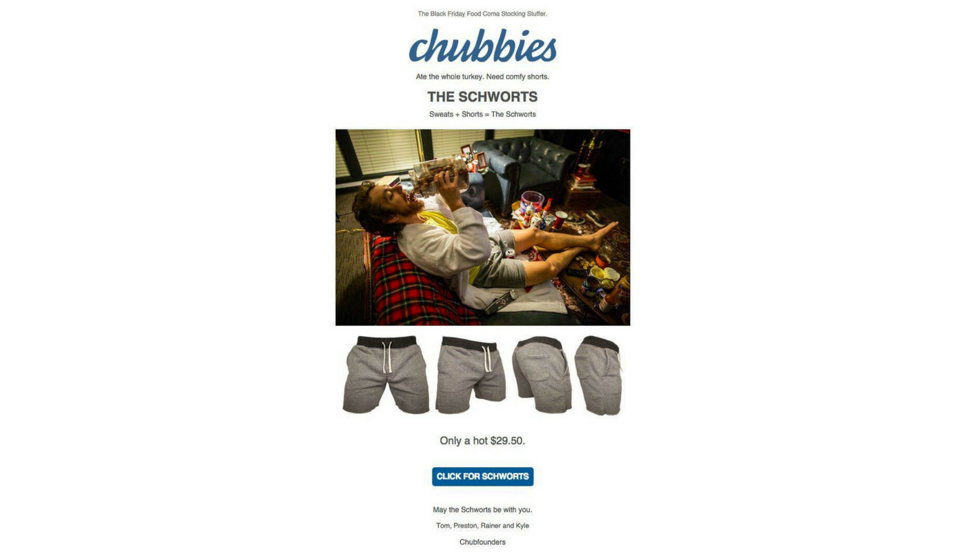 Chubbies uses humor to sell their holiday season emails