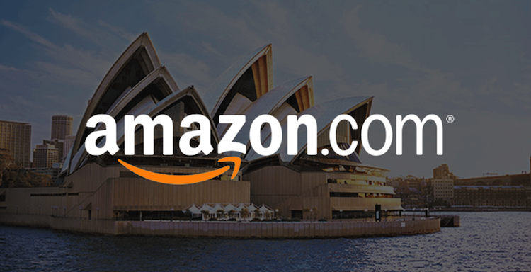 Amazon's logo over a picture of the Sydney Opera House in Australia