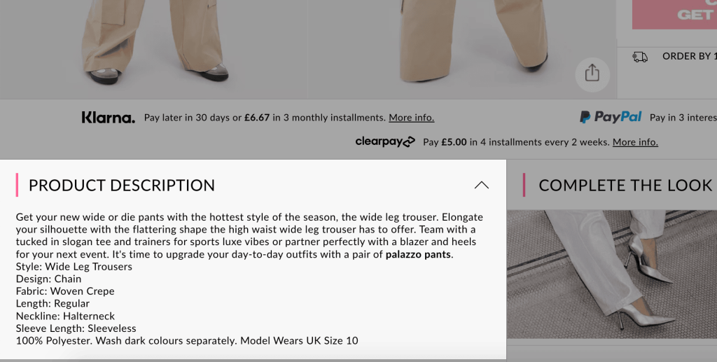 A screenshot of Boohoo's product description of wide leg pants