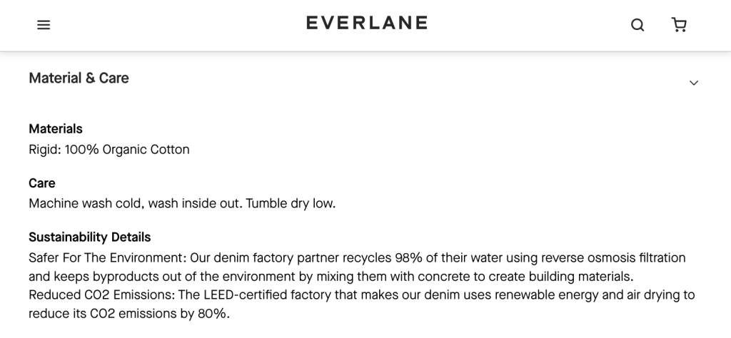 screenshot of Everlane's mention of sustainability in one of their product descriptions. 