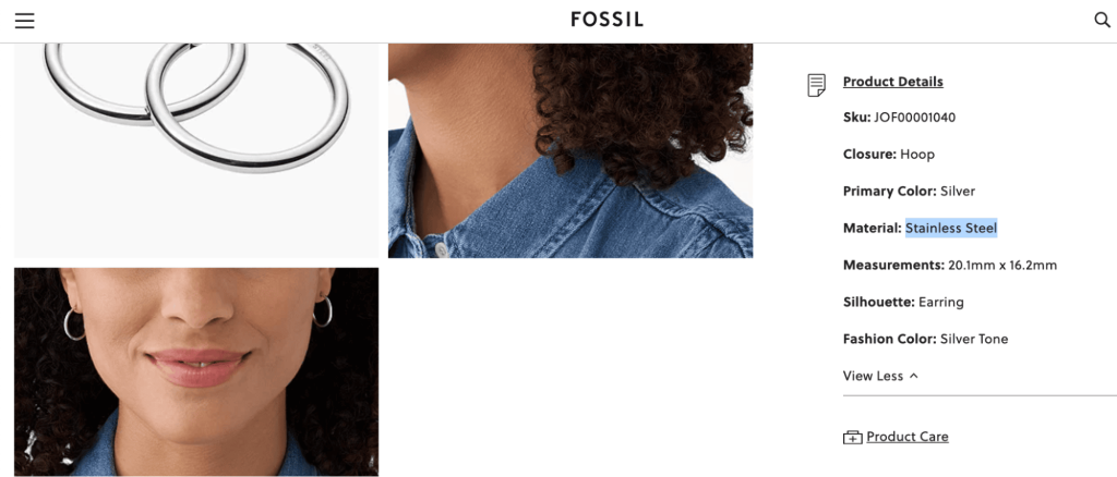 screenshot of Fossil's product description that includes specific keywords for SEO