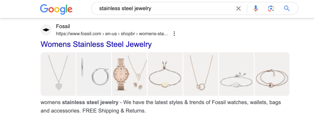 Screenshot showing Fossil in the Google search results for  ‘stainless steel jewelry.’ 