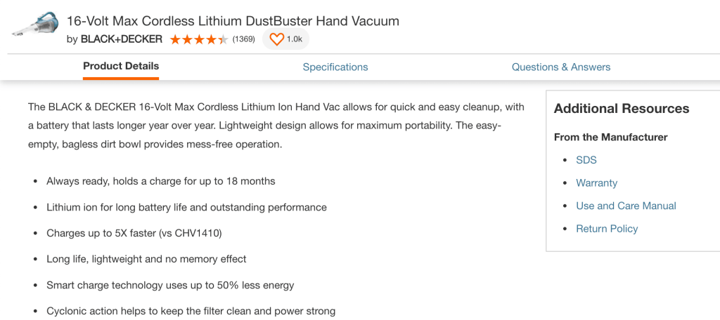 screenshot of the product description of a hand vacuum of Home Depot's website. 
