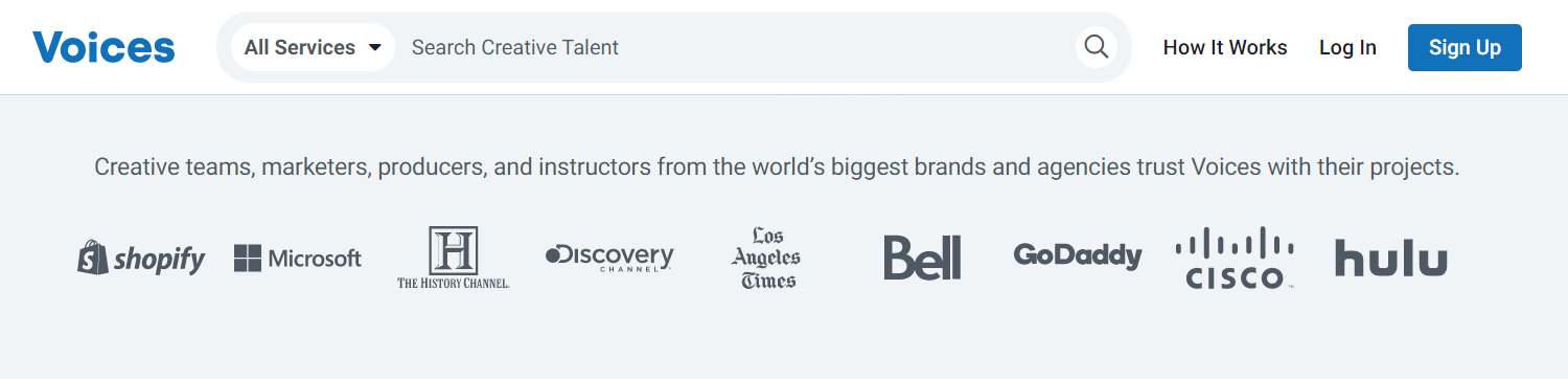 Voices.com added some powerful household names to their website as proof of their expertise to influence the potential customers 