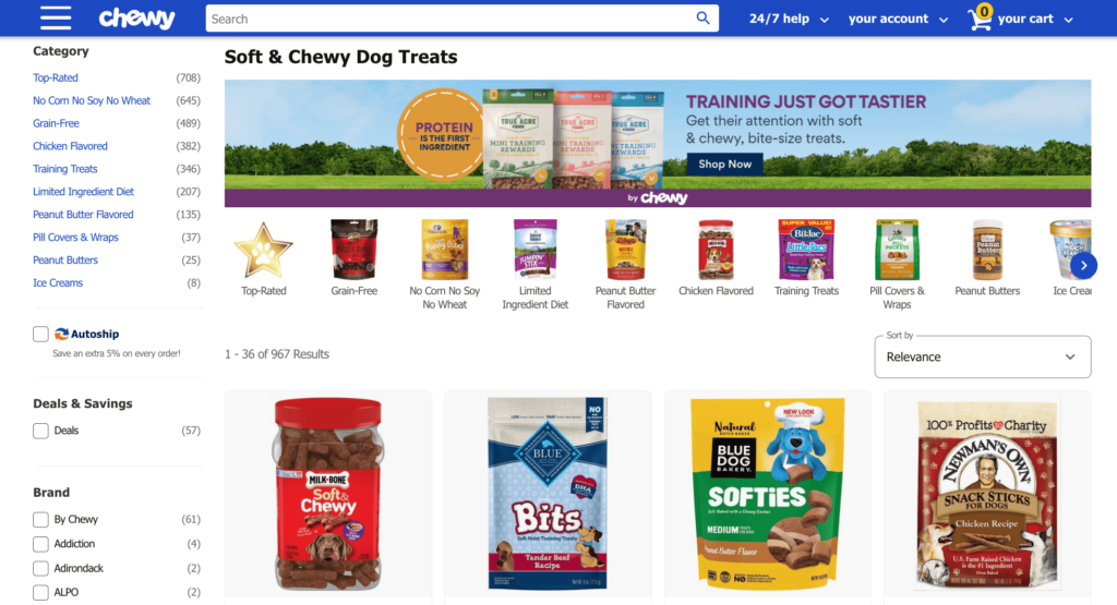 Chewy.com specializes in pet products like treats and toys. 
