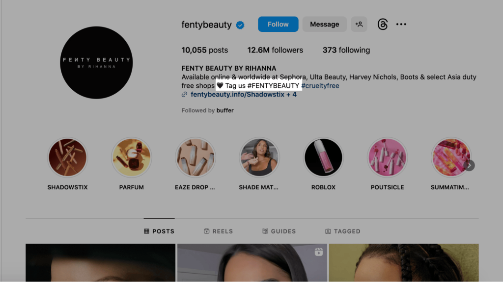 screenshot of Fenty Beauty's instagram bio with a branded hashtag