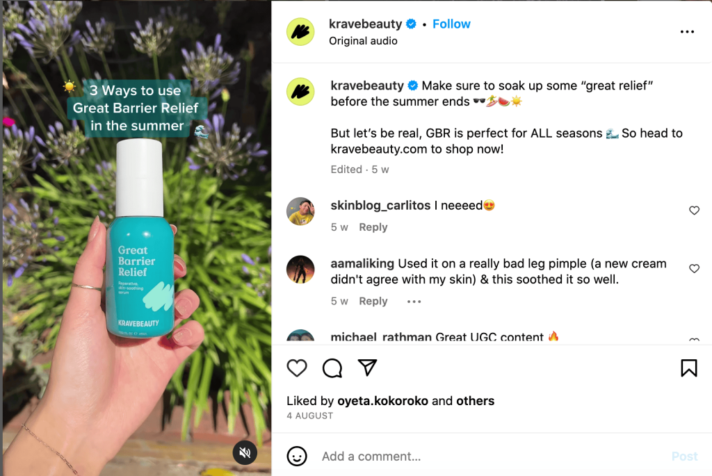 customer holding a skin care product as an example of user generated content on krave beauty's instagram