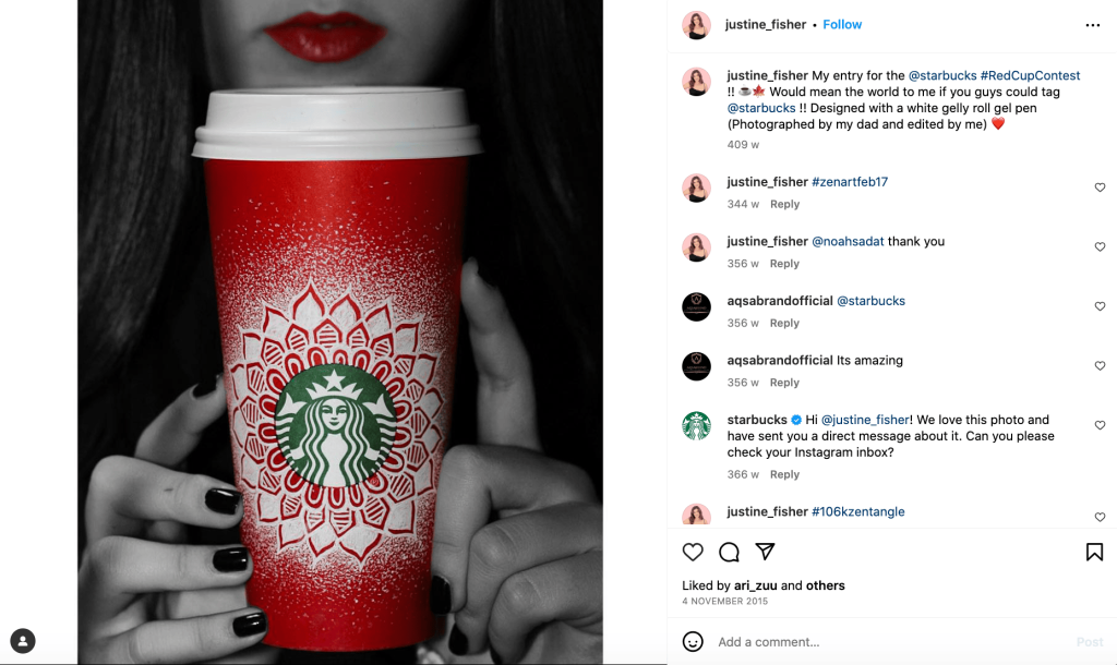 screenshot of a Starbucks's customer's UGC submission for the red cup context