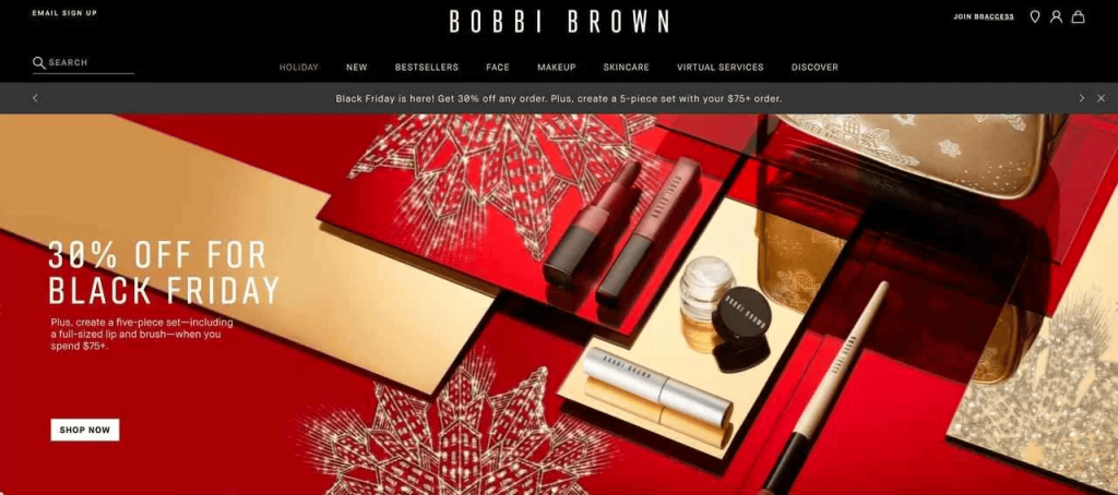 bobbi brown's homepage with their black friday offer using holiday decor