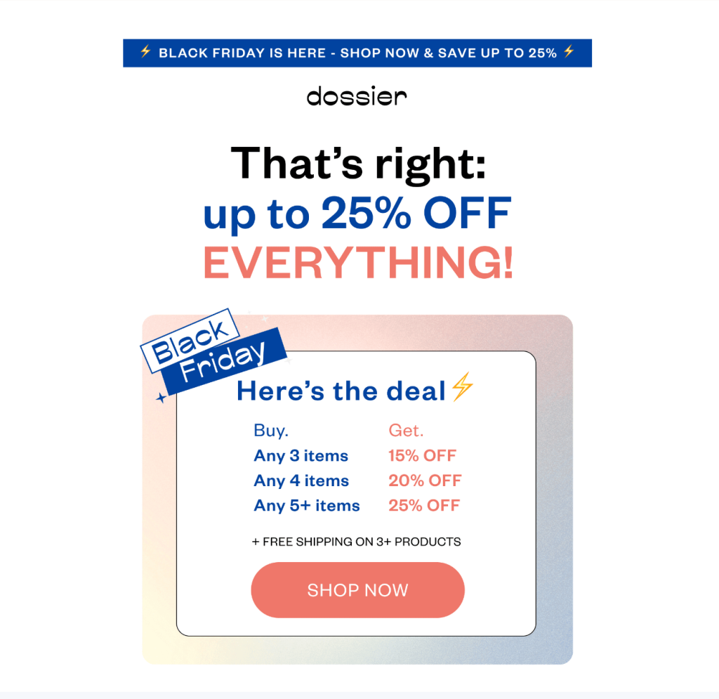 Dossier's black friday ecommerce email campaign