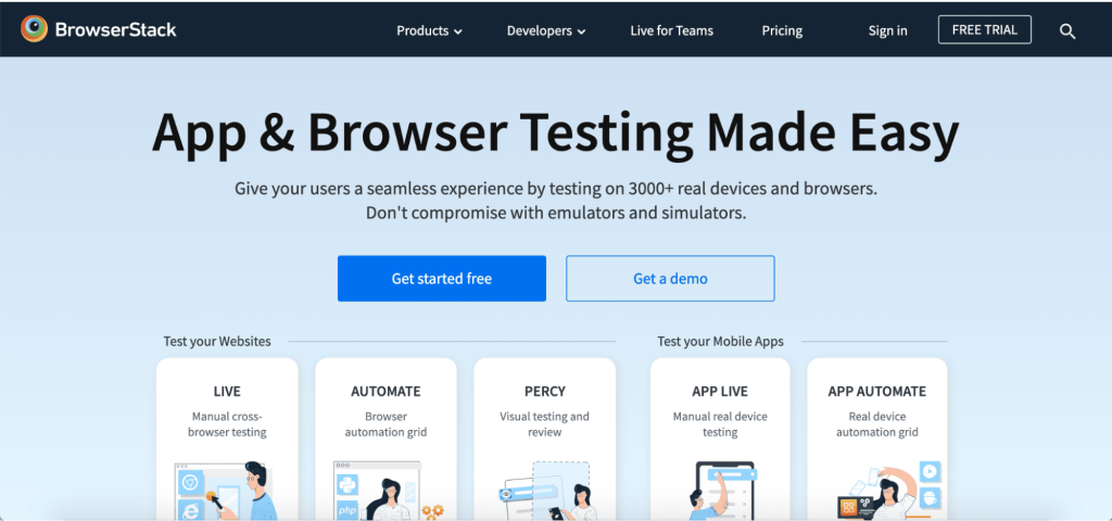 screenshot of Browser Stack's homepage that does mobile-friendly-tests
