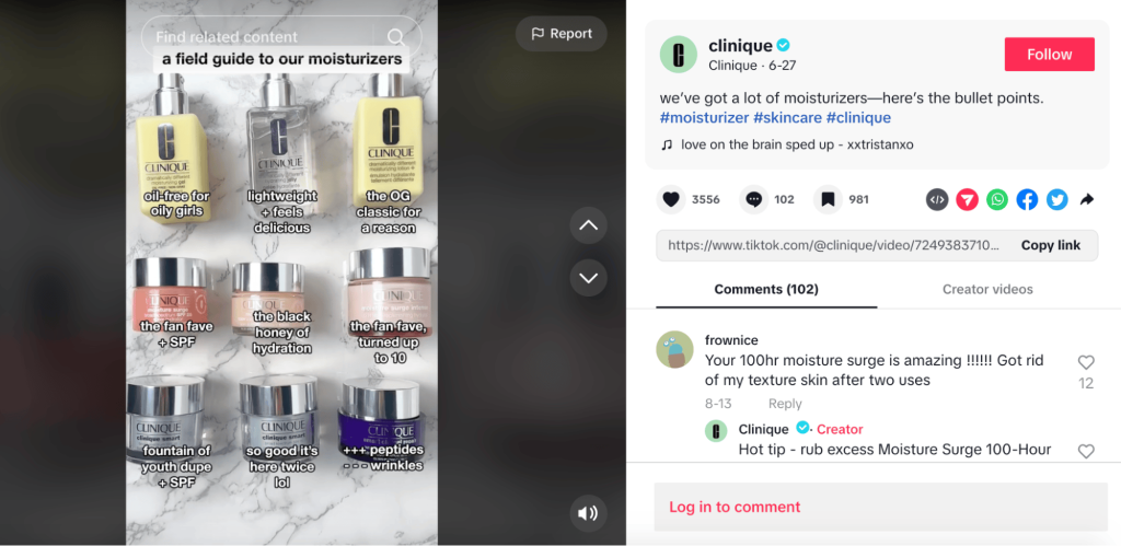 Example of Clinique using branded hashtags in its TikTok post.how-to-get-more-followers-on-tiktok-featured-image