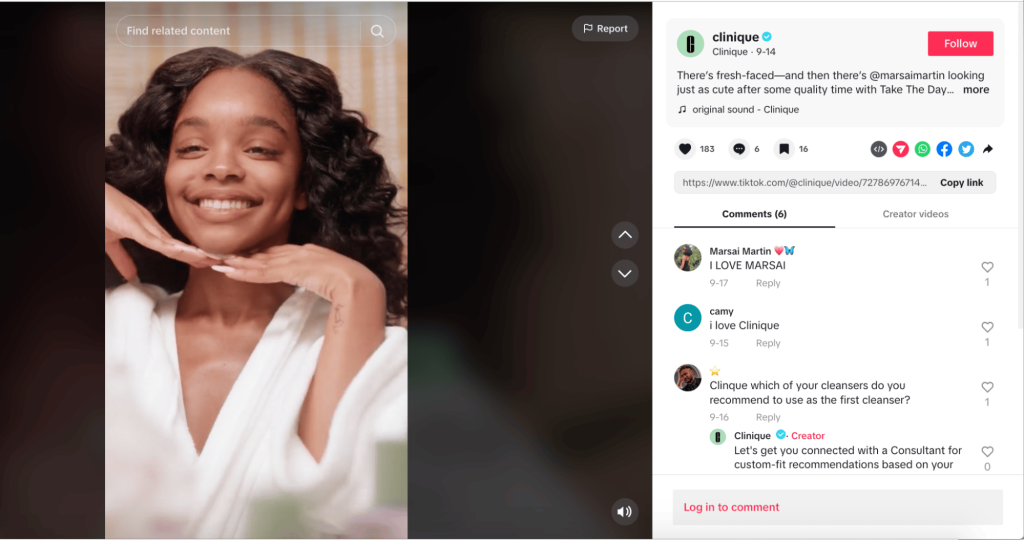 Clinique posting a TikTok of a partnership with celebrity, Marsai Martin. how-to-get-more-followers-on-tiktok-featured-image