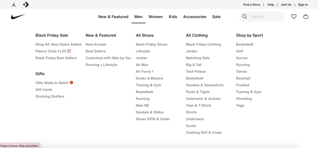 Nike website's menus and categories