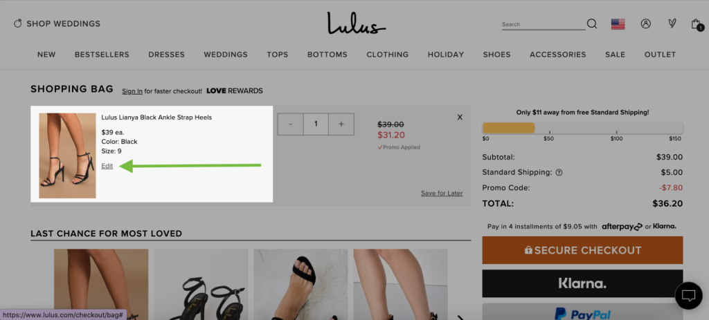 Lulu's website shopping cart