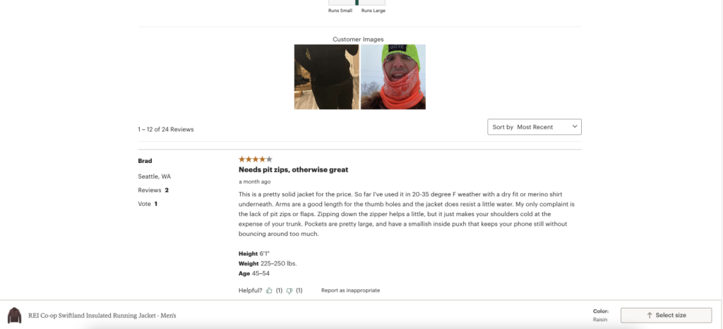 REI product page customer review