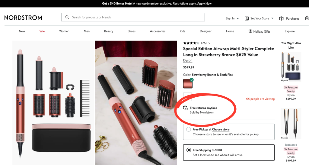 Nordstrom's product page free returns anytime