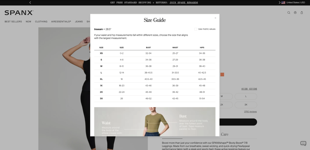 Spanx Booty Boost leggings product page showing context-sensitive size guide tailored to the specific product