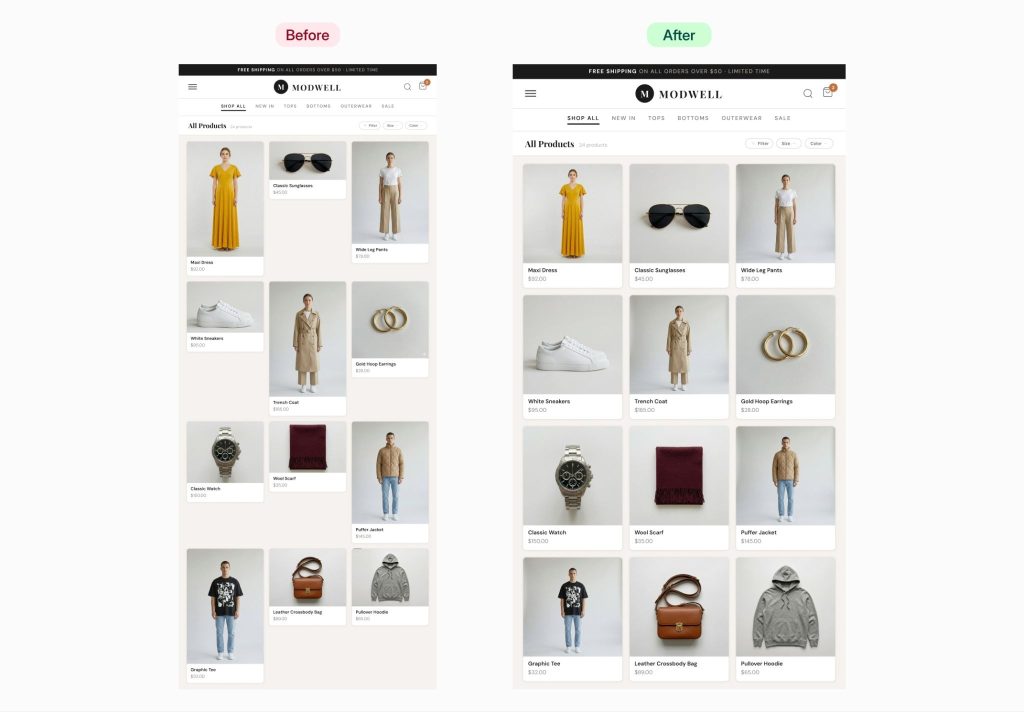 Before and after comparison showing inconsistent product images versus uniformly resized Shopify product photos