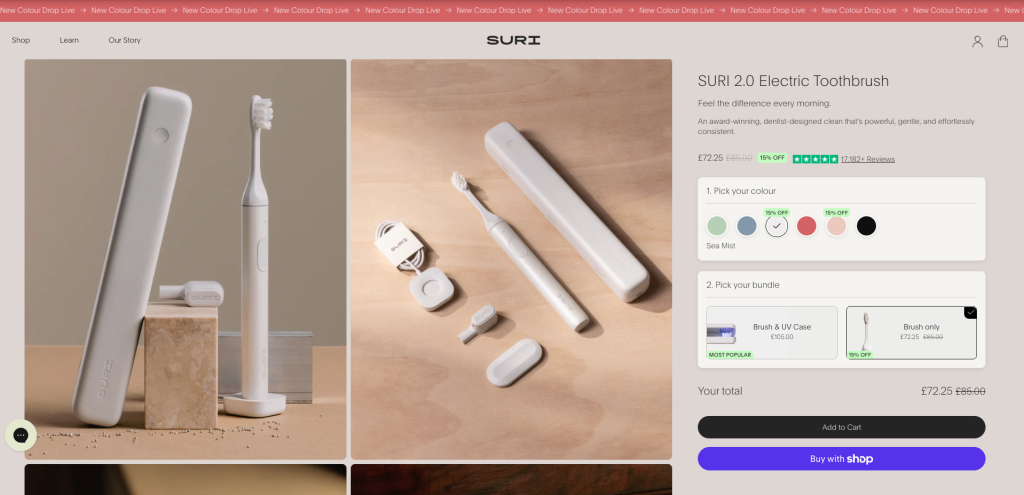 Suri toothbrush product page with high-contrast add-to-cart button standing out against a soft minimal background