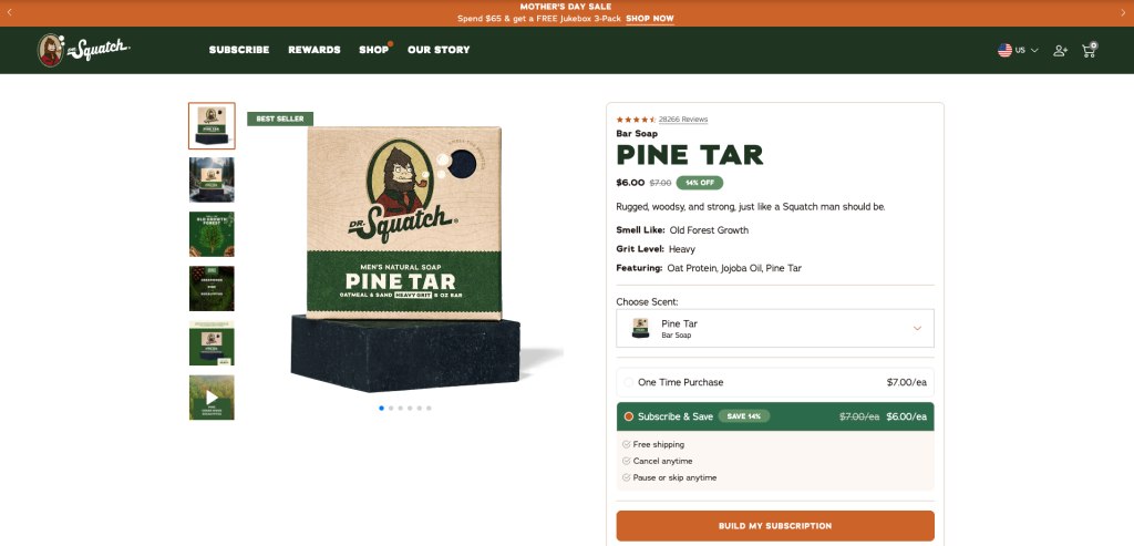 Dr. Squatch Pine Tar bar soap product description with benefit-led copy and scannable bullet points