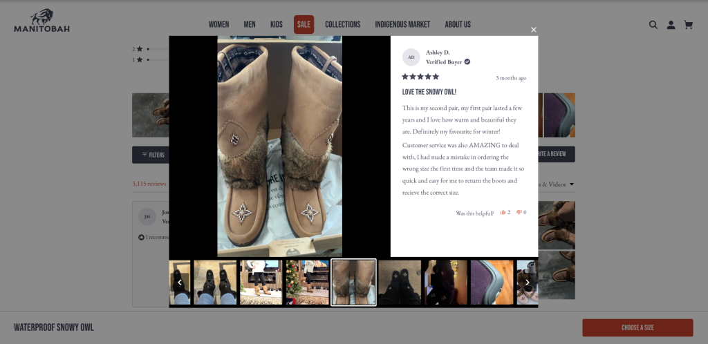 Manitobah Snowy Owl mukluk product page customer reviews section featuring real buyer-submitted photos